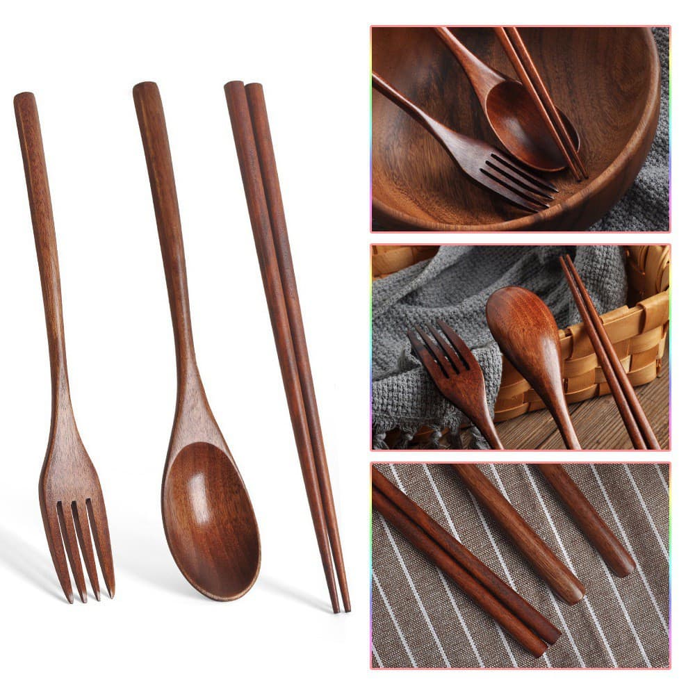 Novo Conjunto de Talheres de Madeira Ecológicos - Utensílios Portáteis e Reutilizáveis (Colher, Garfo, Hashis)