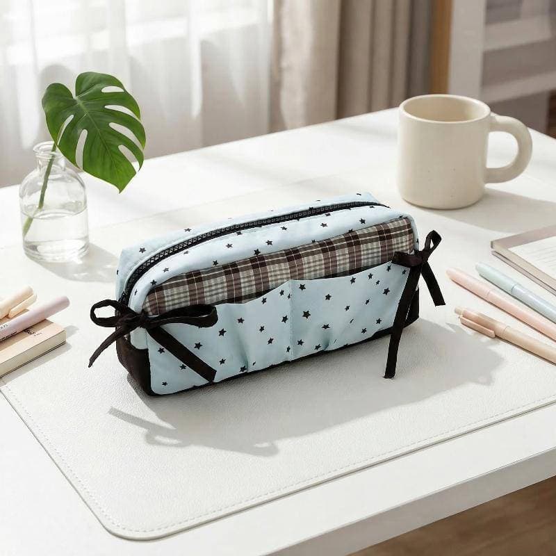 [newpros] Estojo De Lápis Com Laço De Tecido Macio Bolsa Organizadora De Canetas Grande De Armazenamento Para Meninas Ma