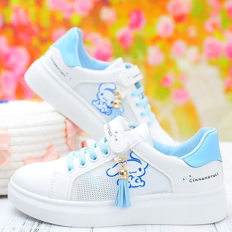 Tênis para meninas, tênis Cinnamoroll para meninas, tênis brancos respiráveis de malha para estudantes, novo modelo de v
