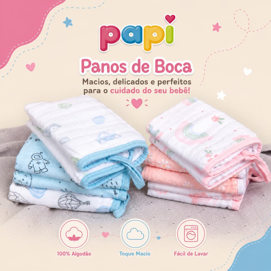 Kit 3 Fraldas de Boca Papi Soft 100% Algodão 40x40cm - Pano de Boca Bebê Macio
