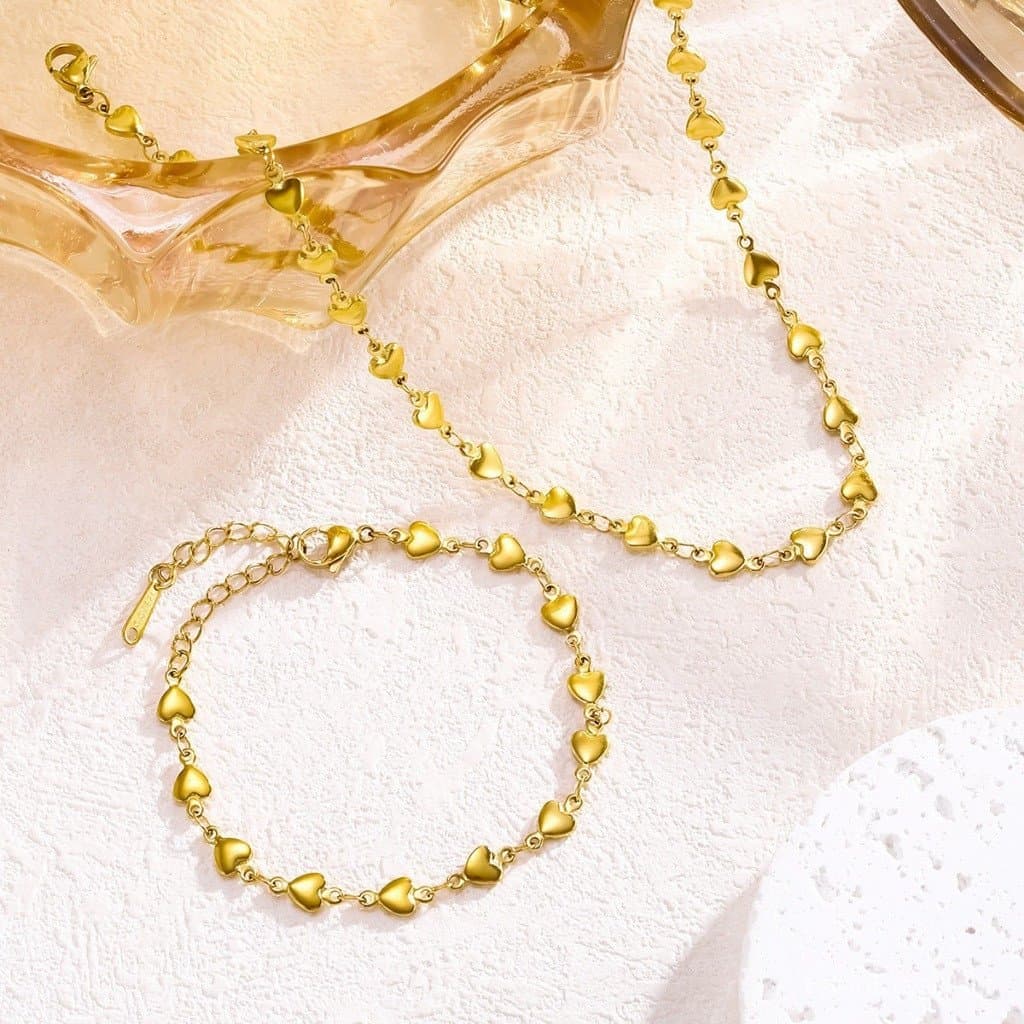 Conjunto de colar e pulseira em aço inoxidável 18K, estilo francês com toque de luxo, design em formato de coração, mode