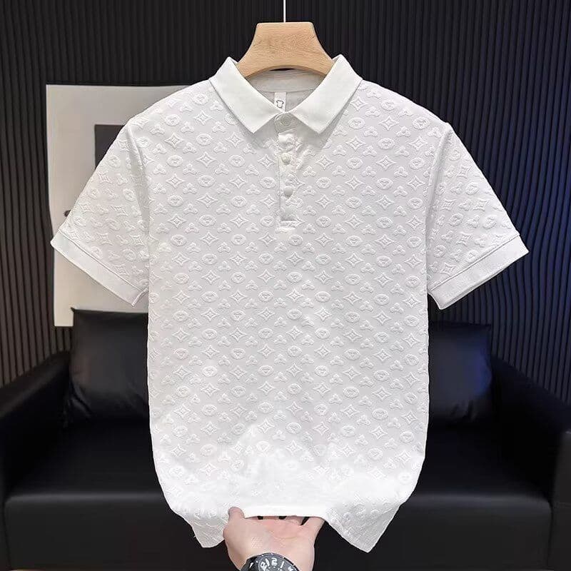 Moda Jacquard POLO camisa masculina verão gelo seda manga curta camiseta masculina lapela cor sólida solta Casual meia m