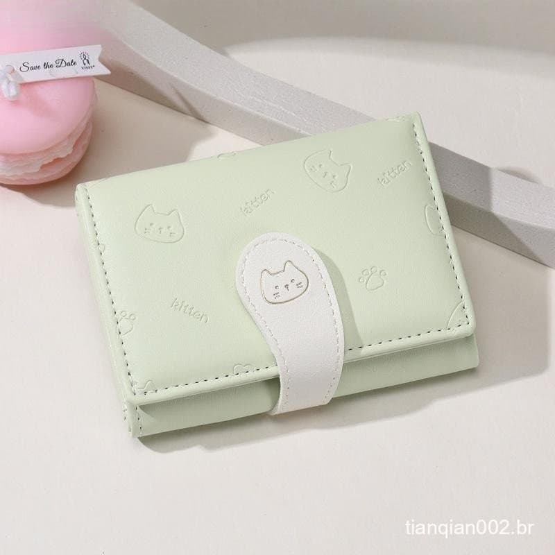 Carteira de Couro PU com Estampa de Gato Fofo, Curta, com Múltiplos Compartimentos para Cartões, Bolsa