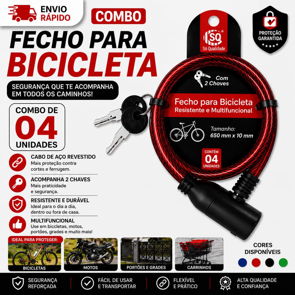 Combo Fecho Cadeado 650mm x 10mm Emborrachado 2 Chaves Cor Sortida Excelentes Para Bicicleta Moto Portão Carrinhos