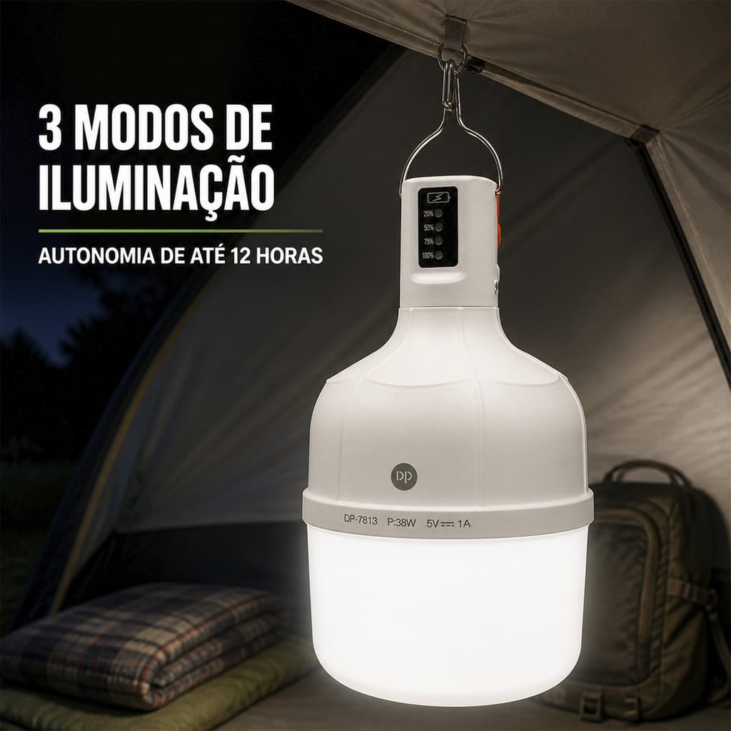 Lâmpada de Emergência LED 38W 4000mAh com Gancho Recarga USB 5V 1A para Camping Casa Oficina e Pesca