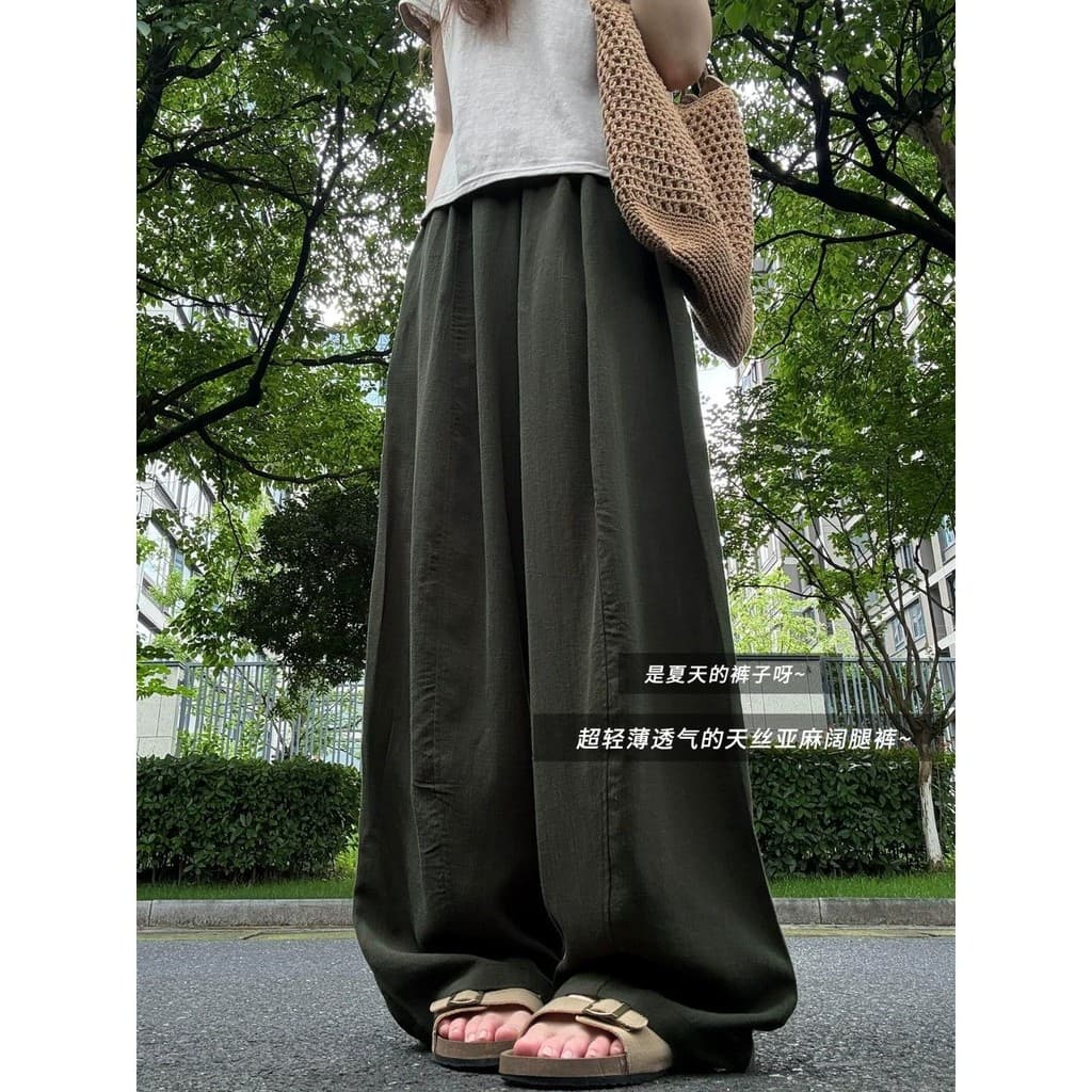 Tencel Linho Machete Calças de Perna Larga Mulheres Verão Estilo Fino Solto Solto Cortina Reta Casual Protetor Solar Cal