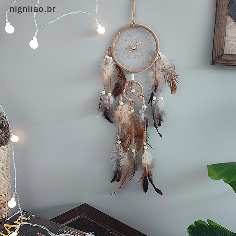 nignliao 1Pc Apanhador De Sonhos Indiano Com Penas Marrons Pendurado Na Parede Acessórios Do Quarto Carrilhão De Vento D