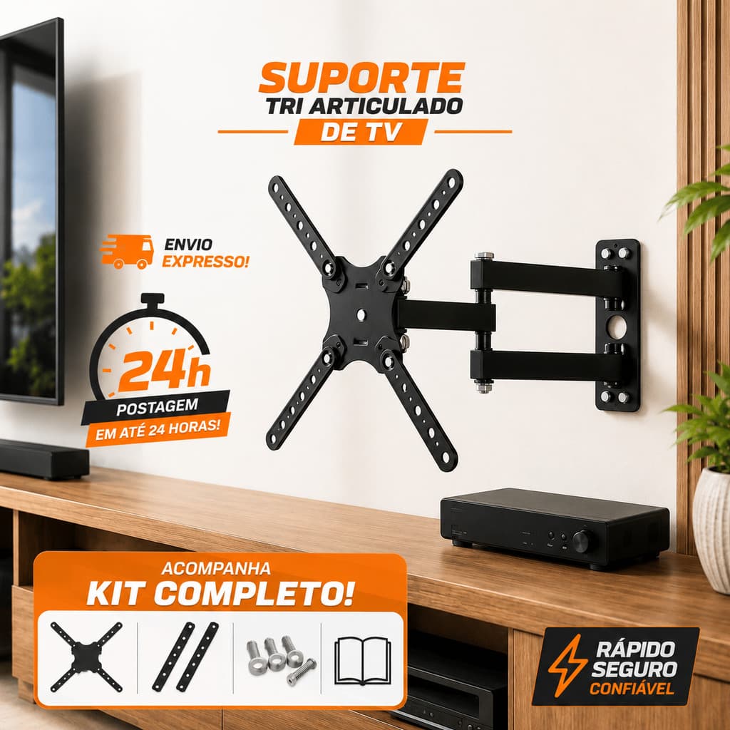Suporte para TV de Parede Universal Triarticulado com Giro Inclinação e Ajuste para TVs 10 a 60 Pol