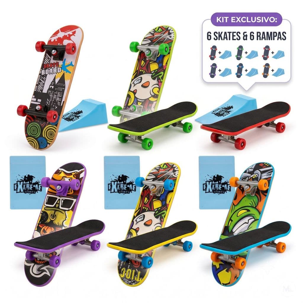Kit 6 Skates De Dedo Com Rampa Mini Skate Radical