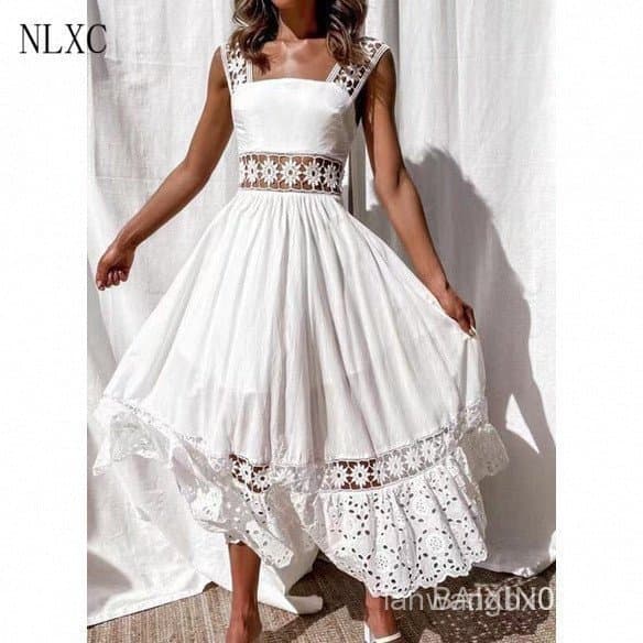Vestido Maxi Branco Sem Mangas com Detalhes em Renda para Mulheres, Ideal para Praia de Verão e Festa Casual H9043 2YPR