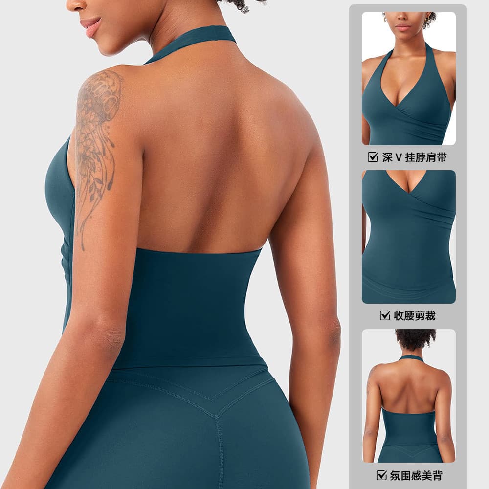 Cross-Border pronto estoque comércio exterior feminino Halter pescoço profundo decote em V bela volta colete esportivo p