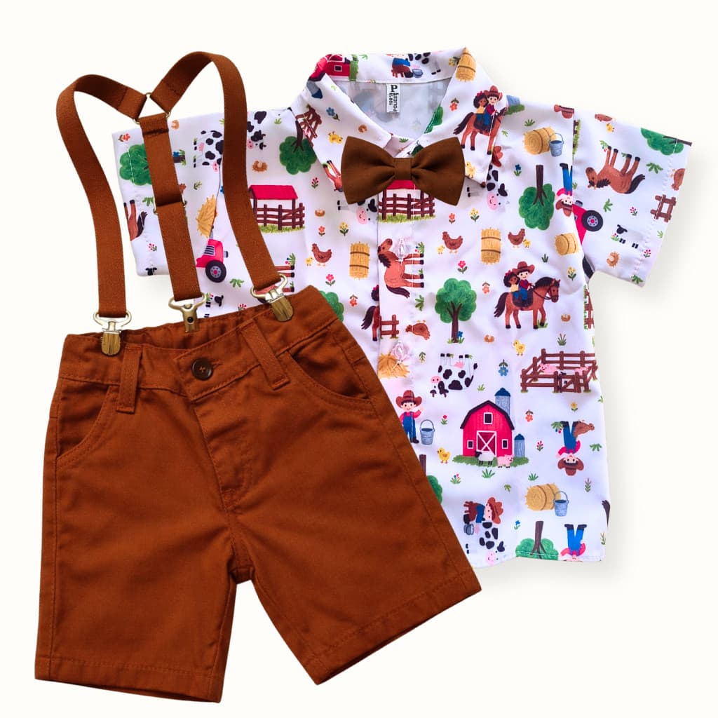 Conjunto Fazendinha Infantil Look Festa, Aniversário e Mesversário Roupa Temática Menino com Suspensório e Gravata