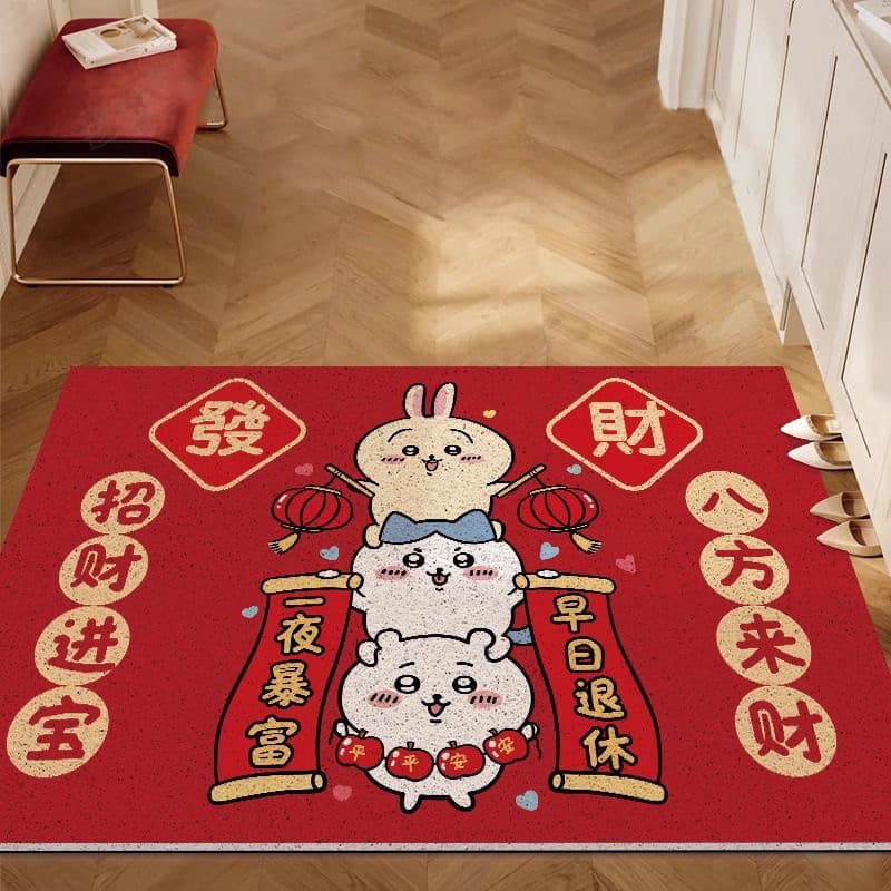Uzachi chiikawa2025 Tapete de entrada vermelho de ano novo Uzachi Dístico Círculo de seda Tapete para pés de entrada