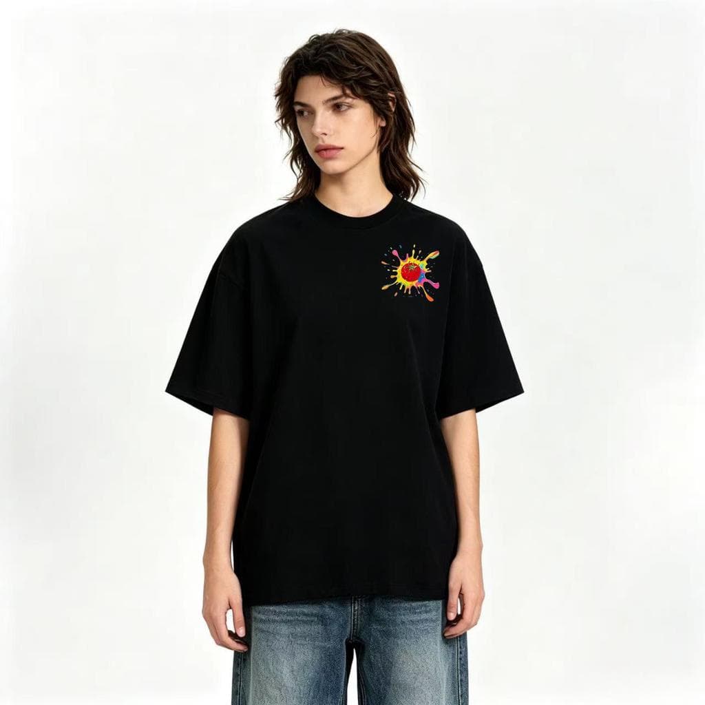 Camiseta Unissex Gola Redonda 100% Algodão Estilo Japonês Estampa Tomate Splash Dopamine Minimalista