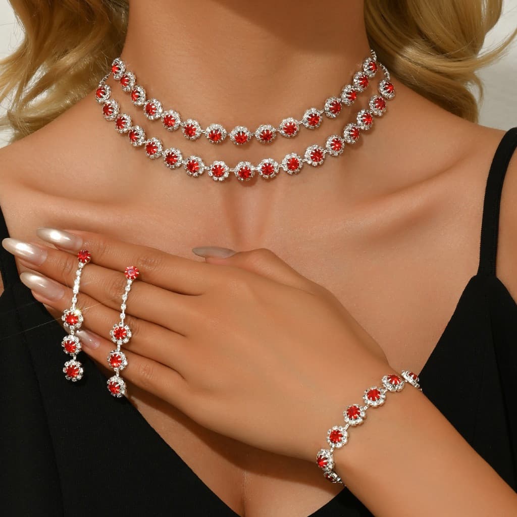 Conjunto Colar Choker Brincos Pulseira Vermelha Zircônia Jewelry Set Joias Femininas Acessórios Dourados Festa Casamento