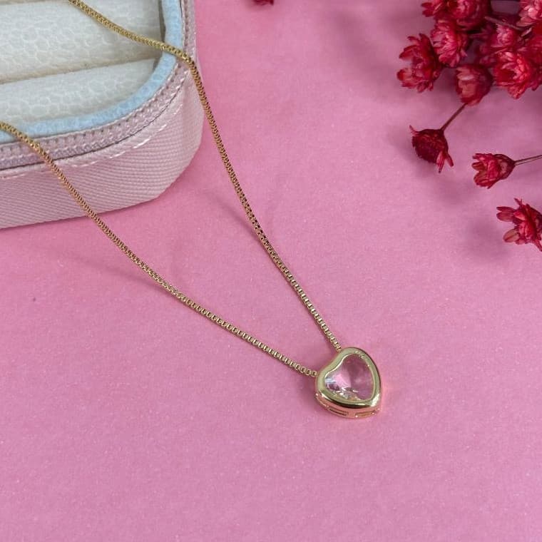 Colar Coração Cristal Ponto de Luz Banhado a Ouro 18k