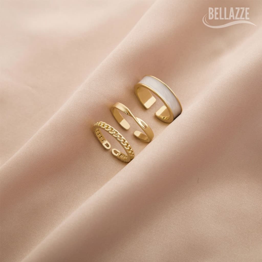 Conjunto 3 Anéis Moderno Elegante Detalhe Branco Abertura Ajustável