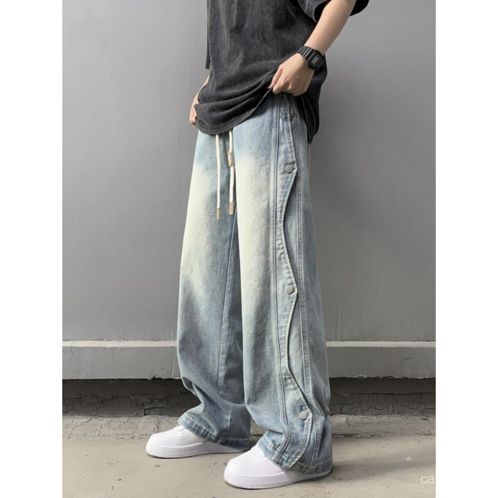 Calças jeans masculinas com detalhes de botões, estilo hip-hop americano de verão, streetwear, lavadas, soltas, de perna