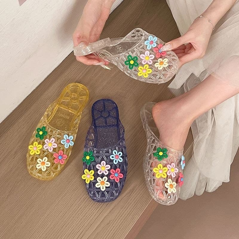 Sapatos de cristal sandálias planas transparentes metade chinelos exterior usar sapatos geléia 2026 chinelos de sola mac
