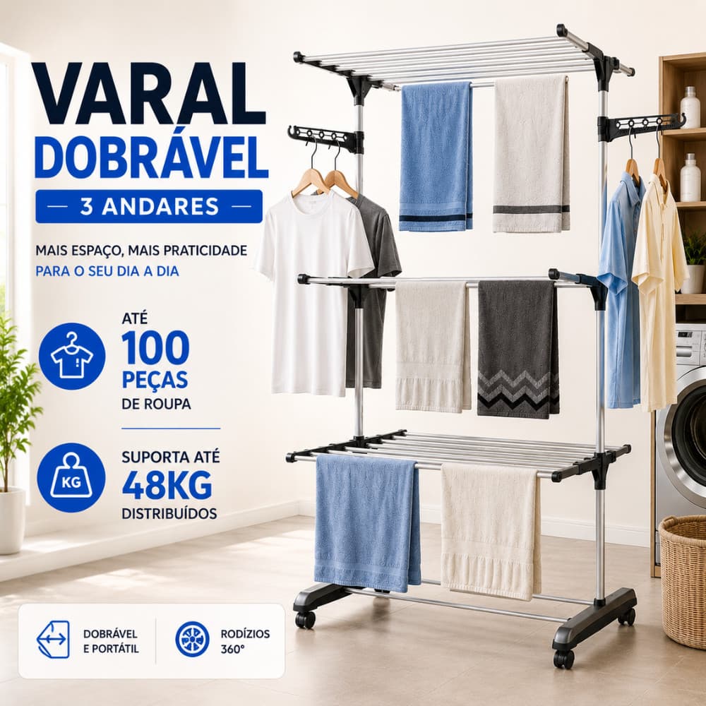 Varal De Chão Roupa AZUL Calcinha Grade 3 Andares Dobrável Portátil Studio Apartamento Estudio