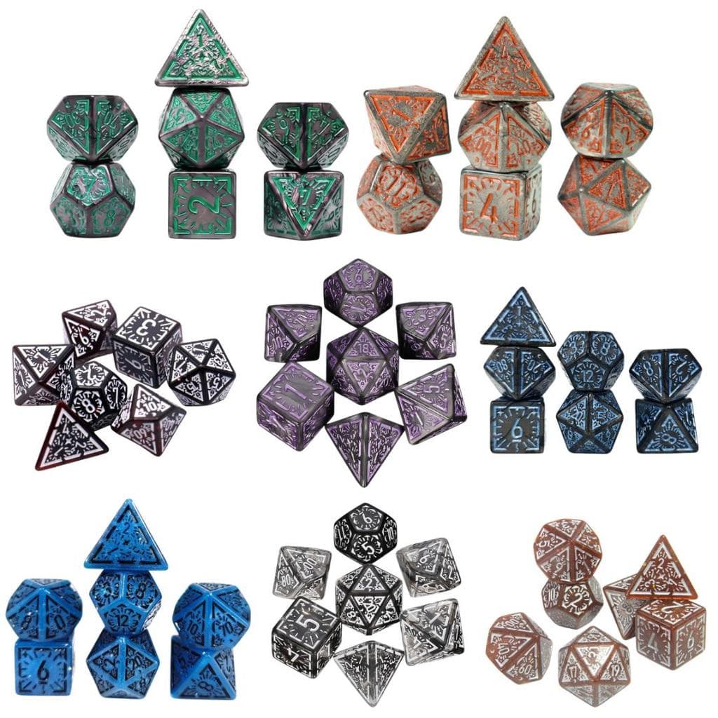 Kit 7 Dados de RPG Poliédricos Gemas Runas Vintage | Conjunto de Dados D4 ao D20 DnD