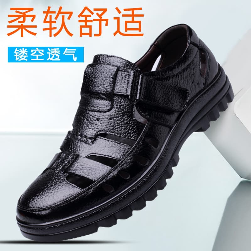 Pa papete fábrica Cross-Border verão negócios sandálias de couro oco meia-idade idosos couro genuíno respirável sapatos