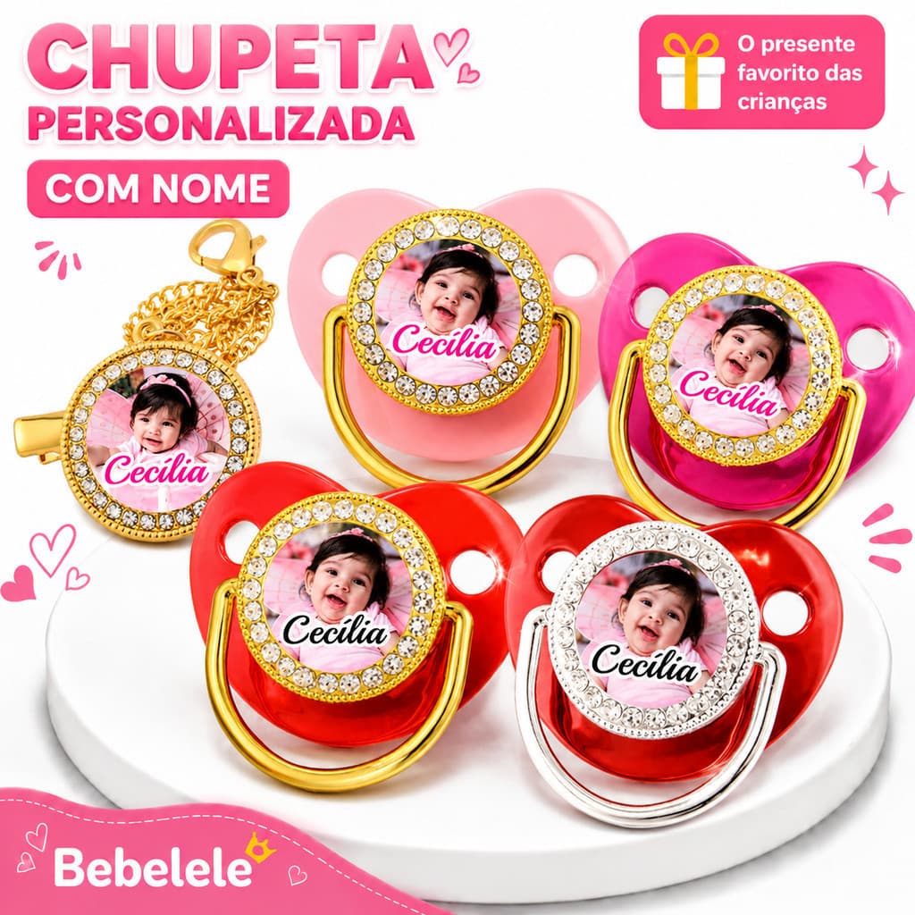 Chupeta plana para bebê, personalizada com nome/foto, vem com chupeta/clip/corrente/fecho chupeta personalizada