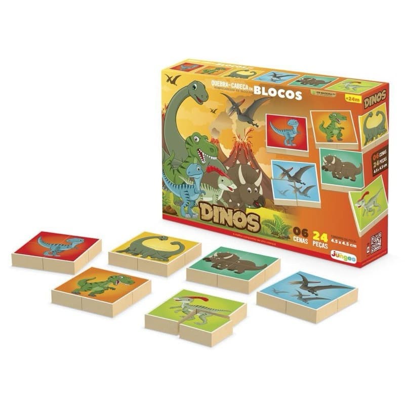 QuebraCabeça de Blocos Dinos 24 Peças – Brinquedo Pedagógico em Madeira
