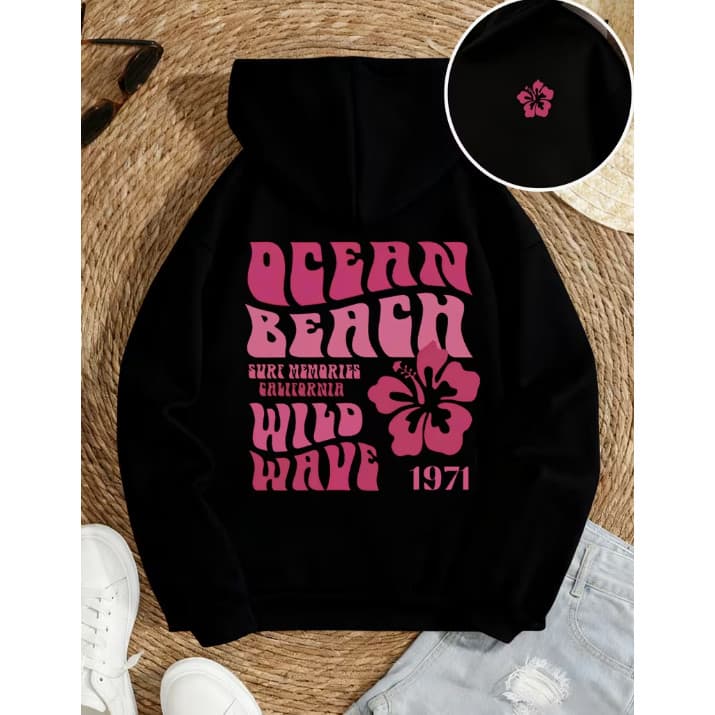 Moletom Canguru Ocean Beach Feminino Estampado Rosa Surf Streetwear Casual Flanelado Com Capuz Premium