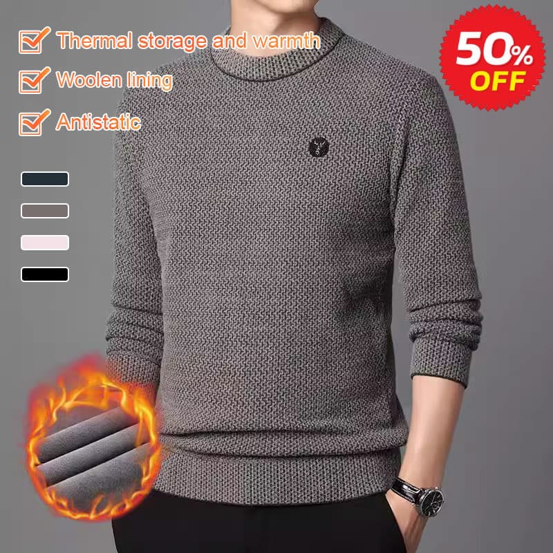 【Super Quente】Men's Casual Round Neck Knit Sweater, Thickened Fleece-Lined Warm Top For Cold Weather/Suéter Masculino/Mo