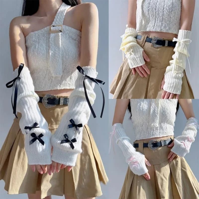 QUICKR 2000s Braço Quente Malha Bowknot Para E Meninas Meio Dedo Cor Sólida Engrossar S