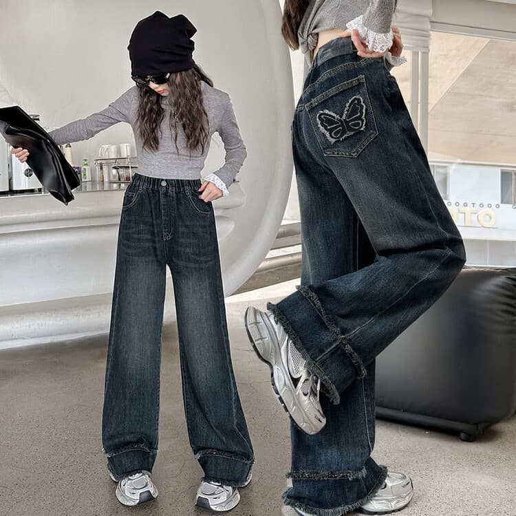 Meninas Jeans moda moda moda calças de perna reta grandes meninas roupas infantis soltas calças de perna larga Bottoms