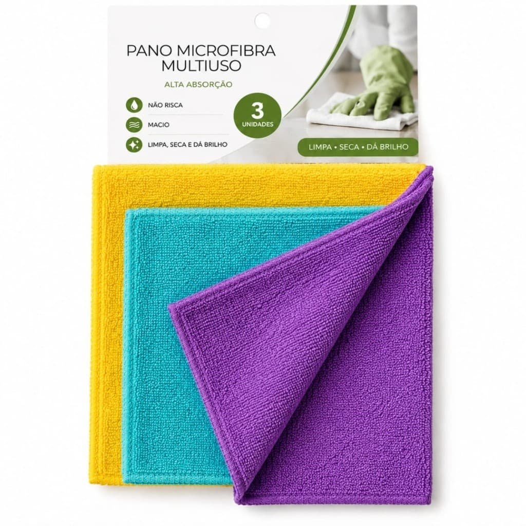 Kit 3 Panos De Microfibra Limpeza Multiuso Pano Automotivo Anti-Risco, Pano de Pia