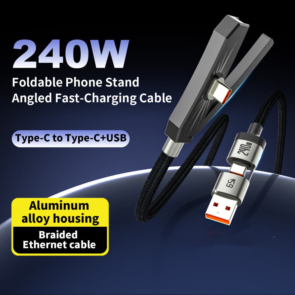 Cabo de Carregamento Rápido 2 em 1 USB + Tipo C 240W com Suporte Dobrável - Cabo de Carregamento Rápido para Celular L91
