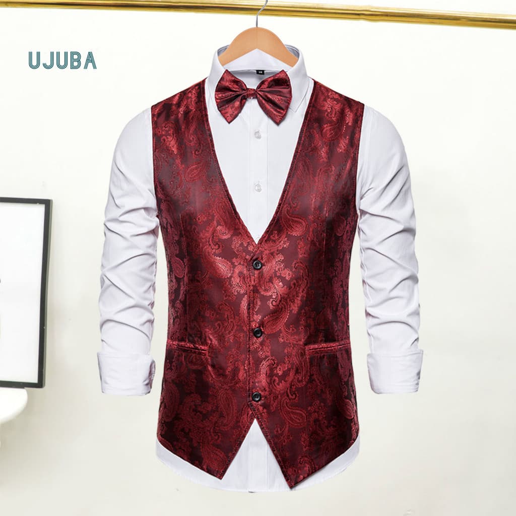 V Neck Vest Men Suit Men's Formal Vintage Slim Fit Single-breasted Waistcoat with Bow Tie for Wedding Emcee Groom Perfor