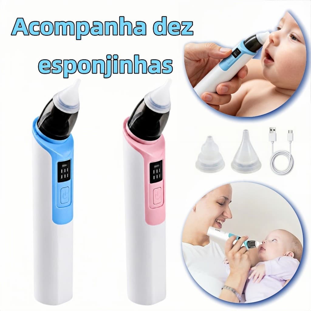 Aspirador Nasal Elétrico Recarregável em Silicone Macio, Deixe Seu Bebê Dormir Sem Nariz Entupido, Cores Rosa e Azul