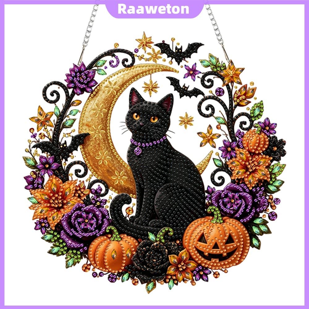 Halloween Black Cat Moon 2D Flat DIY Diamond Art Pingente Para Decoração De Parede De Casa [Raaaweton.br]