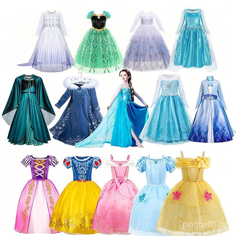 Vestidos da Princesa Elsa e Anna de Frozen em Vários Estilos, Conjunto Adequado para Aniversário, Halloween, Carnaval e