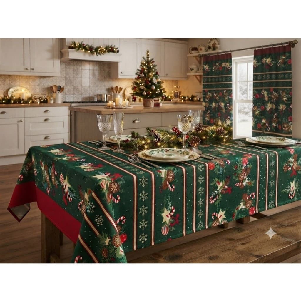 Kit Cozinha de Natal Cortina para varão e Toalha de mesa 4 ou 6 lugares Estampadas natalina Dourado, Verde e Vermelho