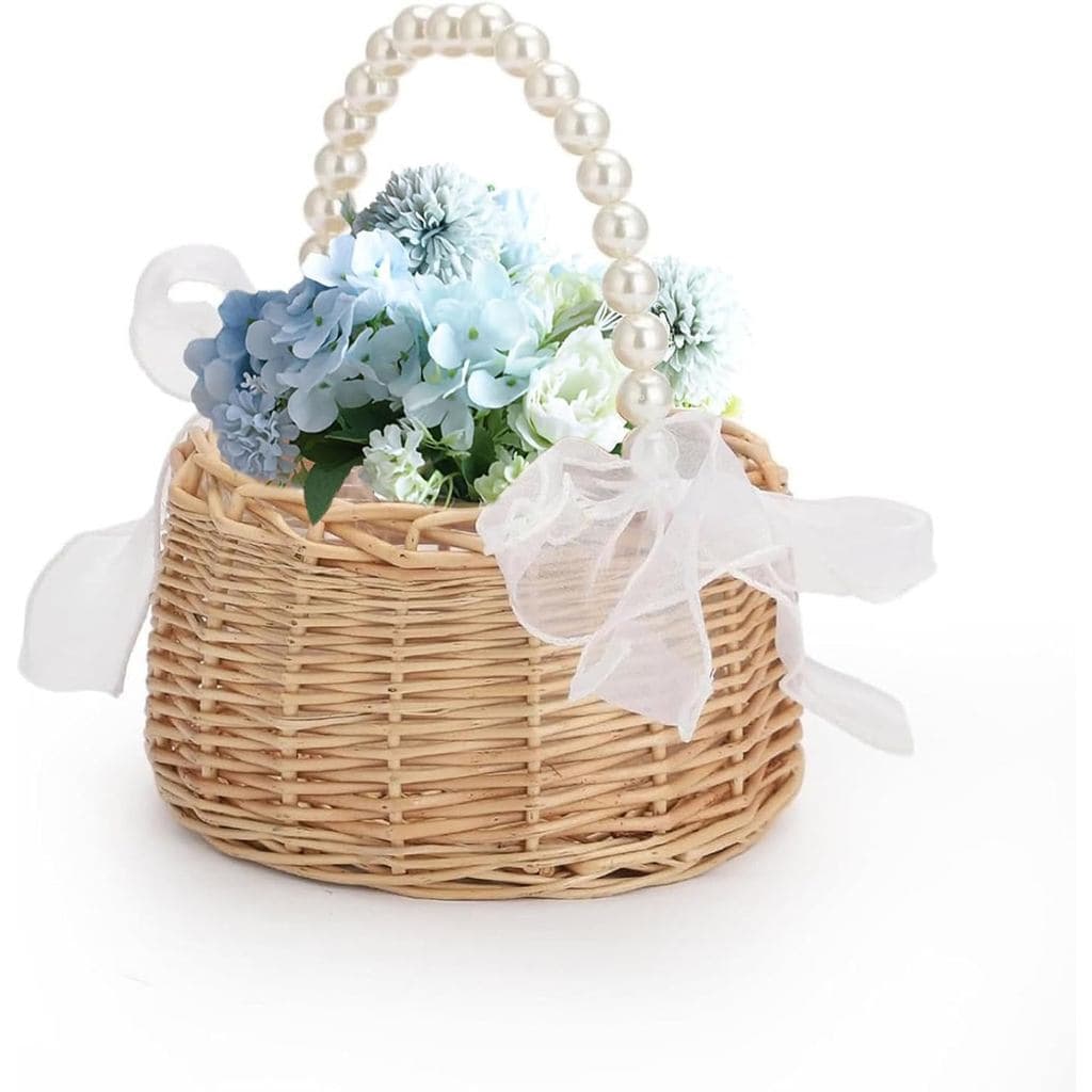 Cesta de Vime para Dama de Honra, Cesta de Flores de Rattan para Casamento, com Alça de Pérolas e Laço de Fita, Cestas R