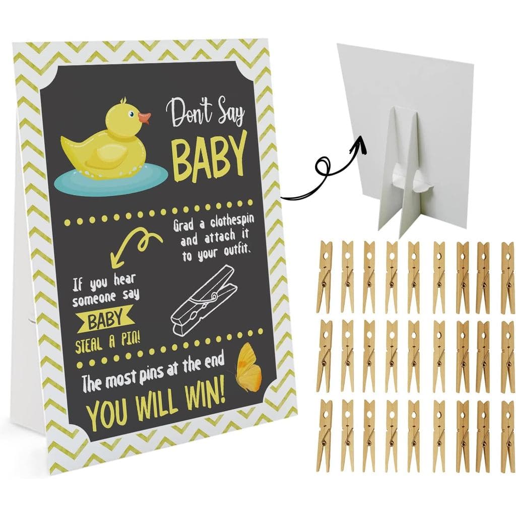 Jogo Duck Don't Say Baby (1 Placa e 50 Mini Prendedores de Roupa Naturais) Jogo Don't Say Baby para Chá de Bebê, Decoraç