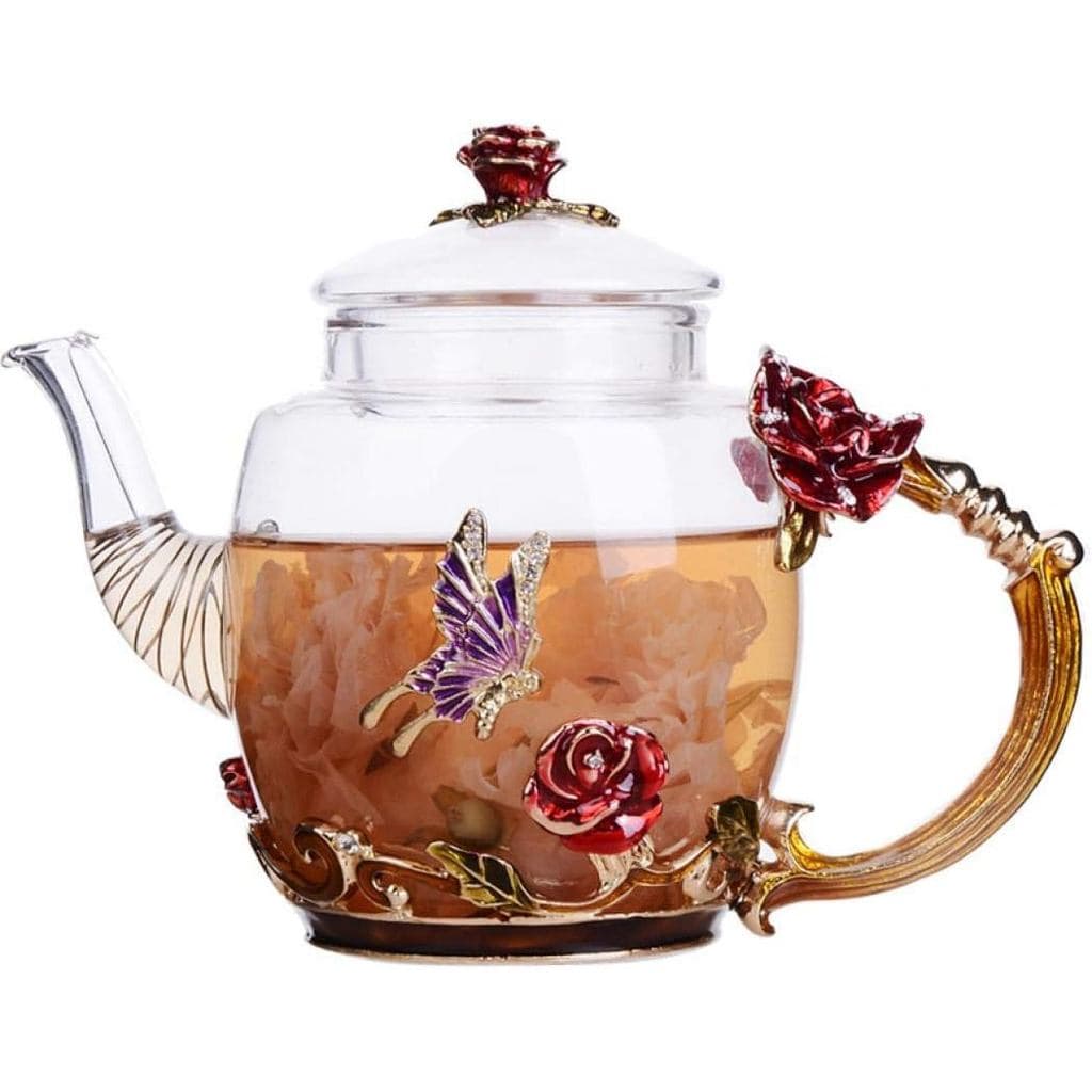 Bule De Chá Florescente De Vidro XUDREZ Para Mulheres-Floral Rosa Vermelha Com Ouro , 10.15 Onças/300 Ml
