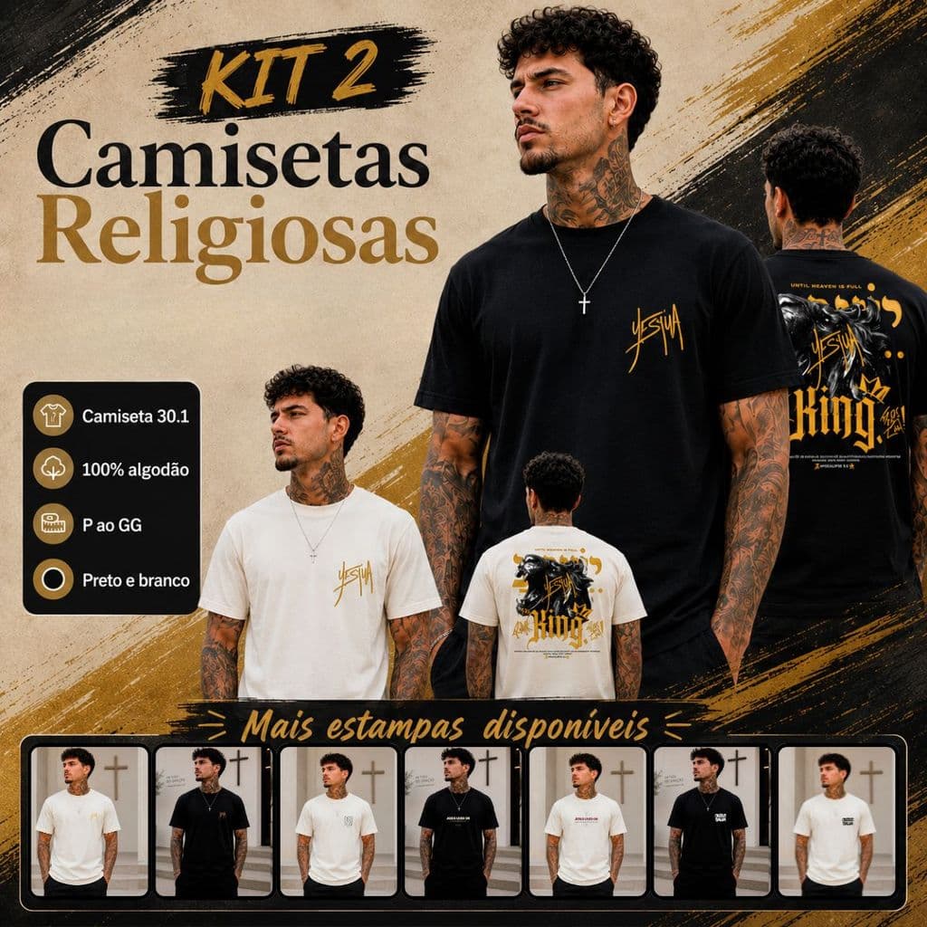 Kit 2 Camiseta Masculina Gospel Estampada Camiseta Malha 100% Algodão Fio 30.1