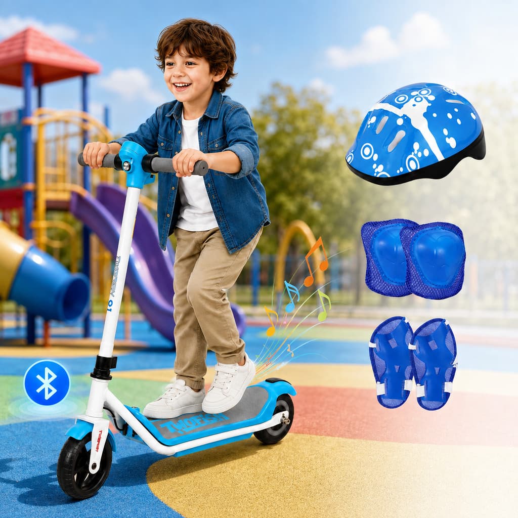 Patinete Elétrico para Criança 2 Rodas Motor 110W 24V 2,5Ah Autonomia 5-8km Até 60kg Luz Frontal Música Bluetooth Azul