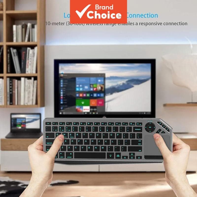 Teclado Bluetooth JOMAA com retroiluminação em 7 cores, recarregável, teclado sem fio 2,4G com touchpad para Smart TV,