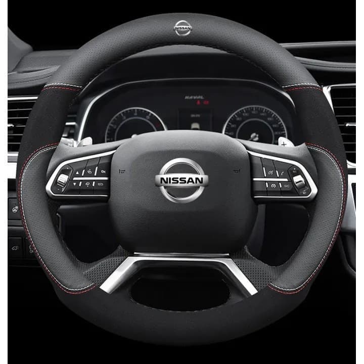 Capa de Volante de Carro Nissan (Formato Redondo Preto) em Couro, Compatível com Todos os Nissan Juke, Rogue, Xtrail, GT
