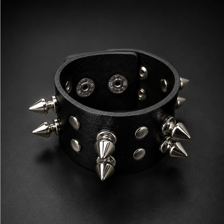 Pulseira Espinhos Duplo Spike em Couro Preta - Fecho de Botão Aço MT01