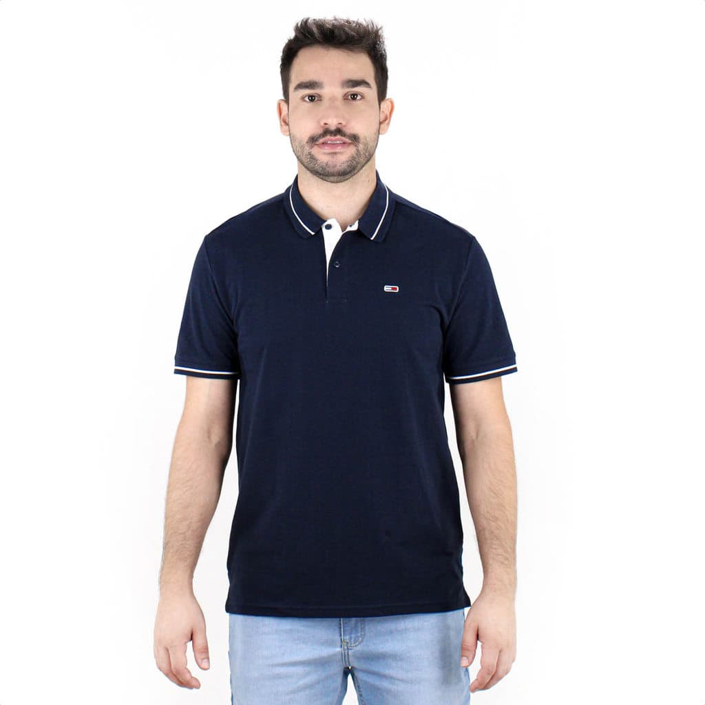 Camiseta Polo Tommy Regular Faixa Contrastante Azul Escuro - Masculino