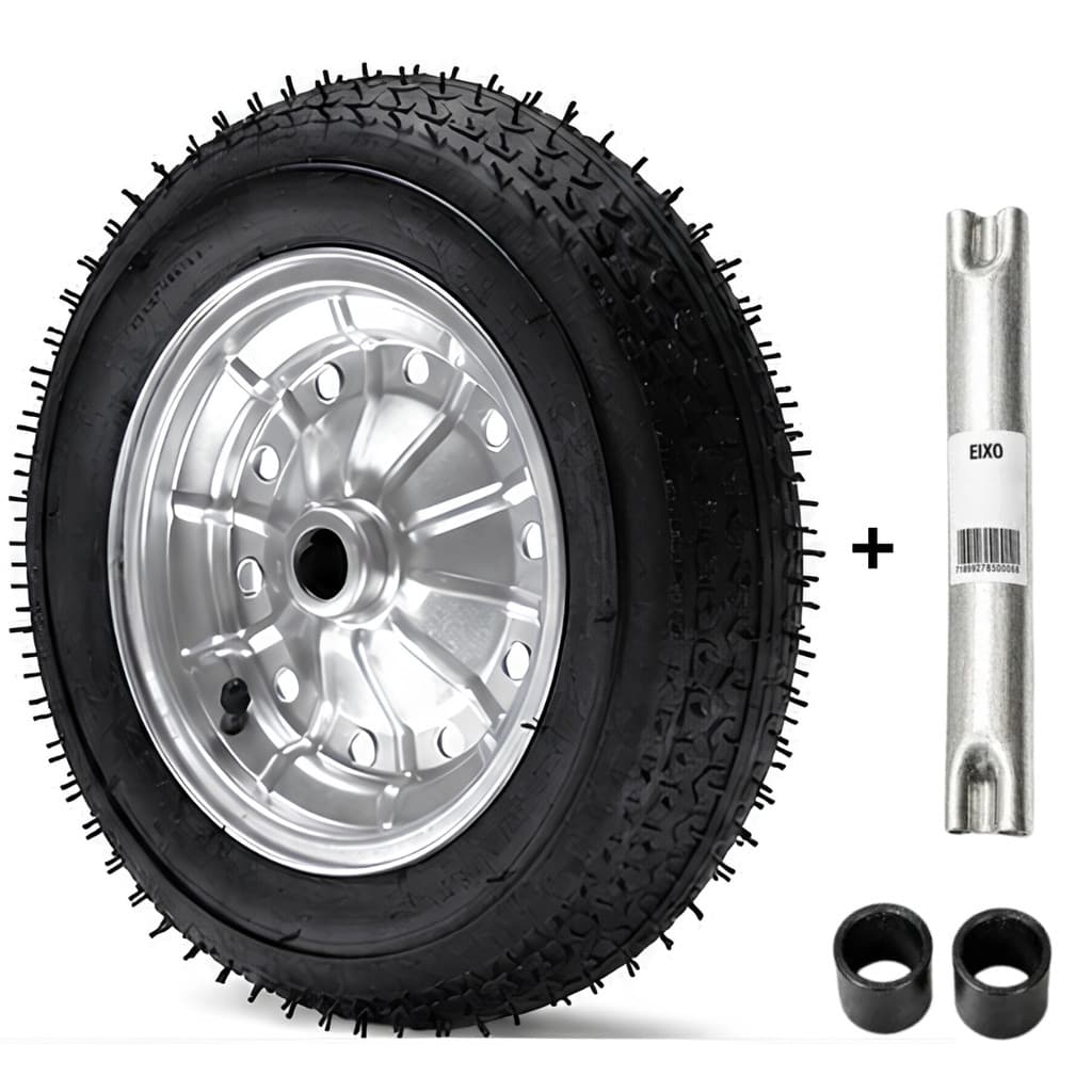 Kit Roda Pneu Câmara Reforçado Com Eixo Carrinho de Mão De Carga Eixo de 3/4" 3,25x8 Completa