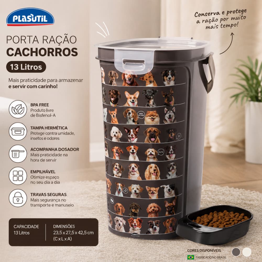 Porta Ração 13 Litros Tampa Hermética Colher Dosadora Cães Gatos
